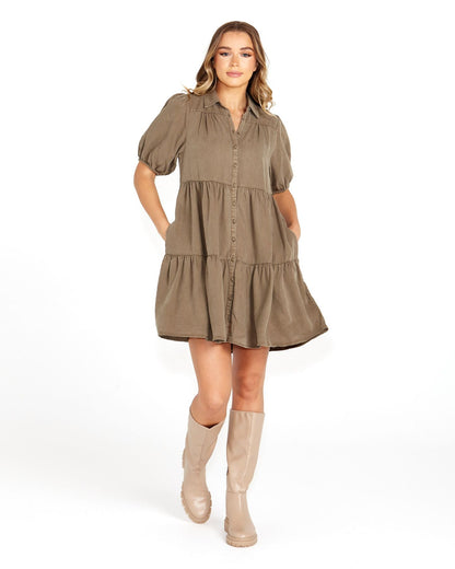 Charity Tiered Shirt Dress - Khaki